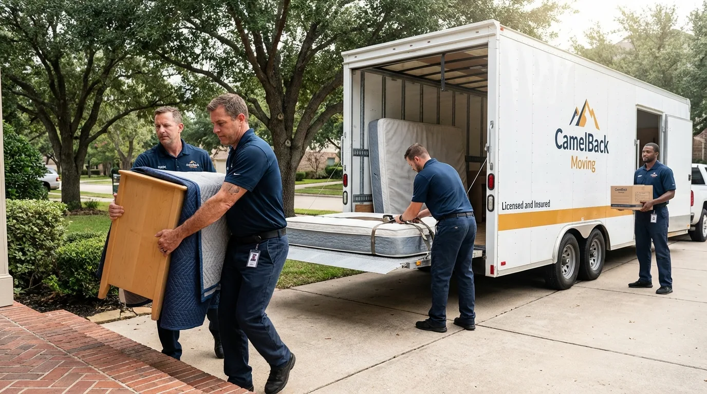 Crew loading residential truck for cross-state move from Pahokee, FL