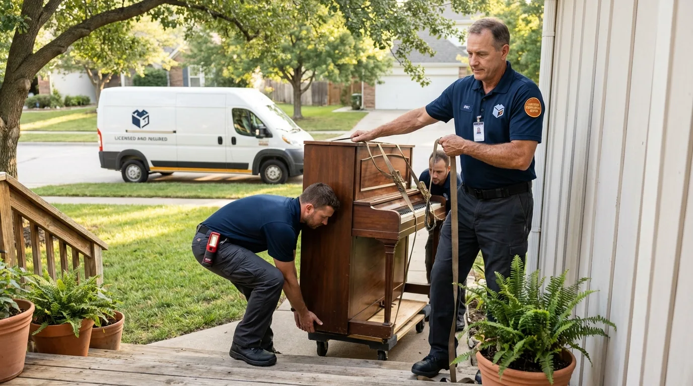 Licensed piano movers securing grand piano in Pahokee, FL