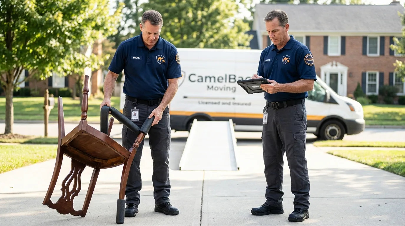 Movers inspecting furniture for damage prevention before loading in Pahokee, FL