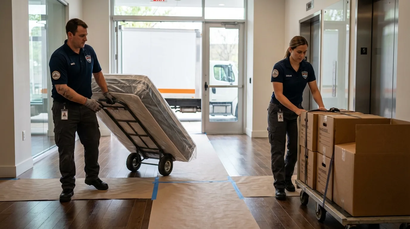 Professional apartment movers loading elevator in Pahokee, FL